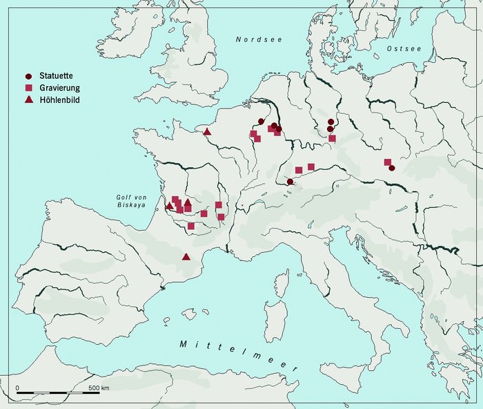 Verbreitung eiszeitlicher Frauenbildnisse in Europa, denen dieselbe Stilisierung wie den Statuetten von Nebra zugrunde liegt. © Landesamt für Denkmalpflege und Archäologie Sachsen-Anhalt, Nora Seeländer.
