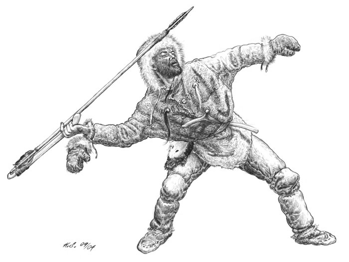 Ice Age hunters with a spear sling: Specialised in hunting reindeer and horses, they developed spears similar to arrows that were thrown directly with sling sticks. © State Office for Heritage Management and Archaeology Saxony-Anhalt, Karol Schauer.